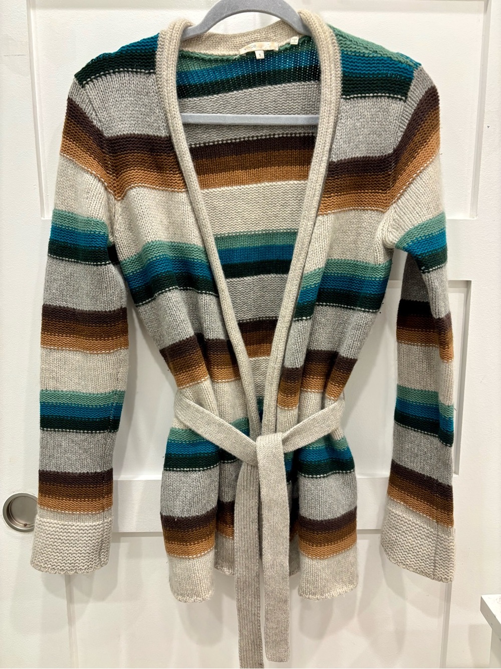 Vince Cream Multi Striped Open-Front Belted Cardigan